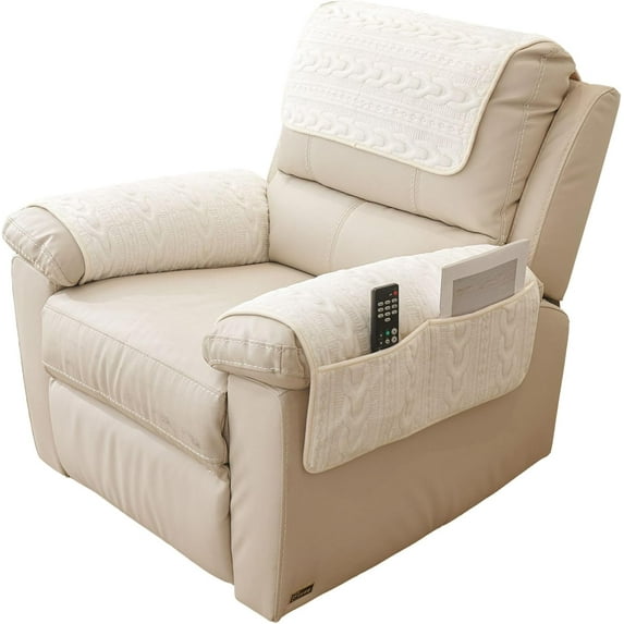 XUELC 3 Pieces Chenille Plush with Pockets Soft Fuzzy Non Slip 2 Armchair Slipcovers and 1 Headrest Protector for Recliner Leather Sofa Couch White