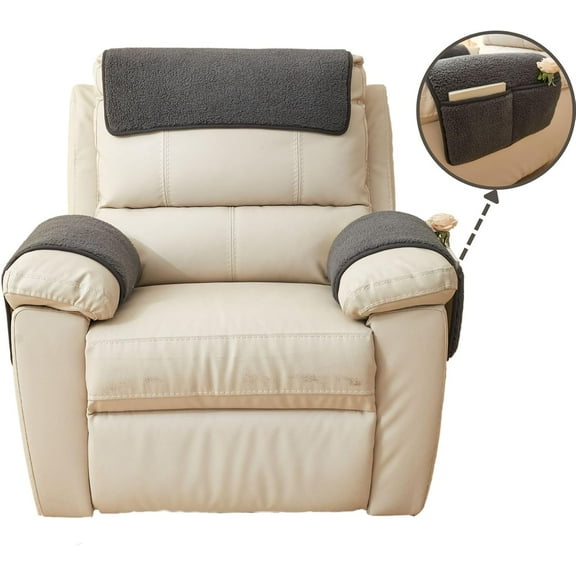 XUELC 3 Pieces  Fleece Sofa Armrest Cover for Recliner Chair with Storage Pockets Non Slip Headrest Cover Fuzzy  Furniture Protector Black