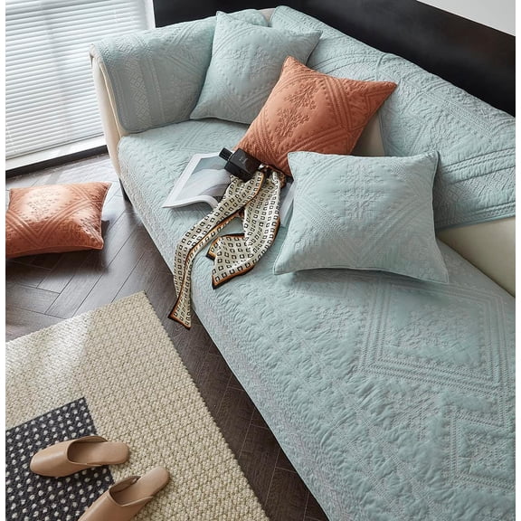 XUELC Boho Geometric Quilted Sofa Cover - Non-Slip Cotton Furniture Protector for Pets & Kids, Adjustable Sectional Couch Slipcover, Machine Washable
