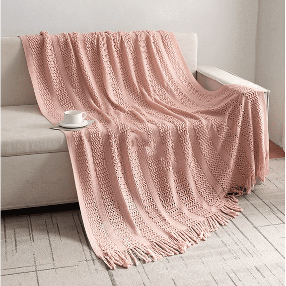 XUELC Farmhouse Waffle Knit Throw Blanket 50x70 Inches - Lightweight Crochet Geometric Pattern with Tassels, Soft Machine Washable Blanket for Couch, Bed, Travel