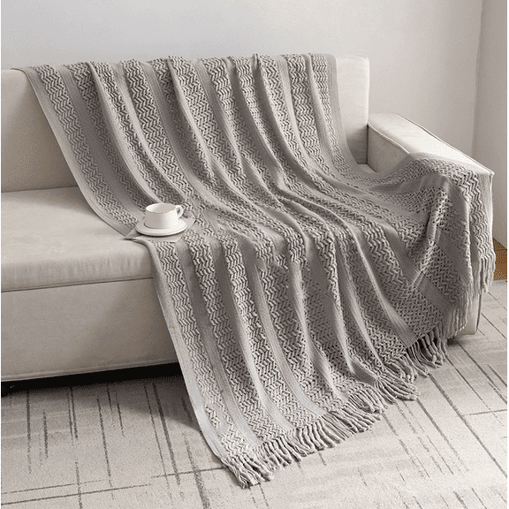XUELC Farmhouse Waffle Knit Throw Blanket 50x70 Inches - Lightweight Crochet Geometric Pattern with Tassels, Soft Machine Washable Blanket for Couch, Bed, Travel