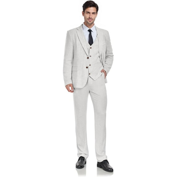 XUELC Men's Vintage Linen Suit Men's Casual Wedding Suit Slim Three-Piece Jacket Blazer Vest Pants