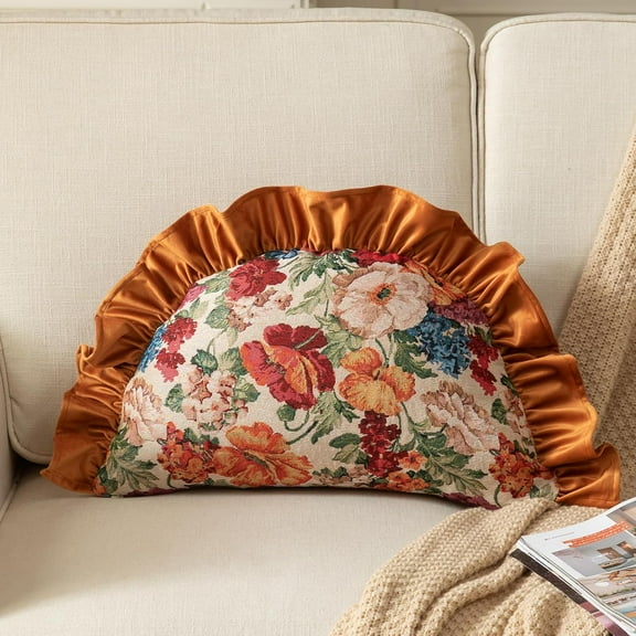 XUELC Vintage Spring Floral Jacquard Decorative Velvet Ruffles Half Round Soft Comfortable Throw Pillow Cushion for Couch Chair Bed
