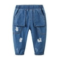 thumbnail image 1 of XUELUO Baby Boys Athletic Shorts And Pants Summer Denim Solid Color Elastic Waist Wide Leg Loose Casual Jeans Trousers Activewear,Blue,1-2 Years, 1 of 4