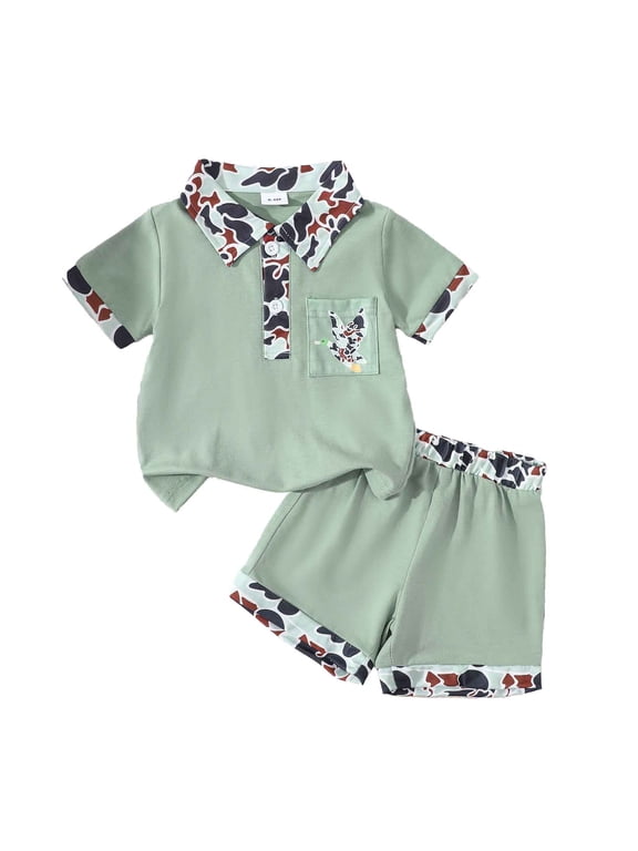 Baby Boys Casual Outfit Sets Camo Print Lapel Short Sleeve T Shirt Tops With Shorts Gentleman Loose Casual Sportswear,Green,0-6 Months