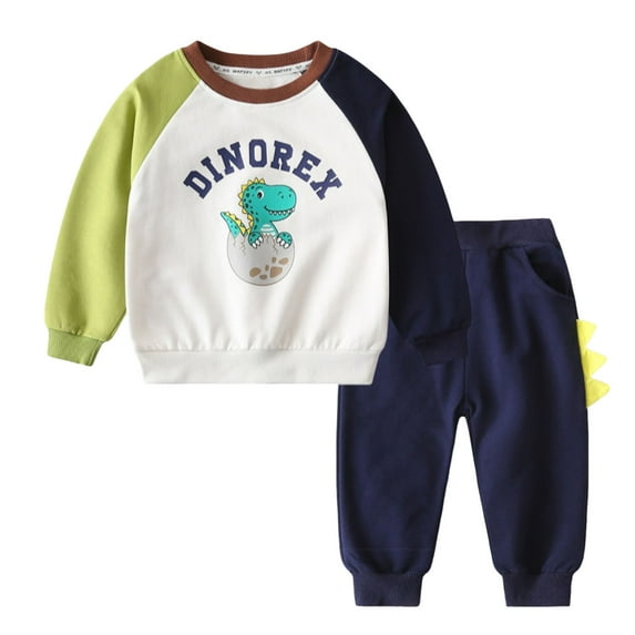 XUELUO Baby Boys Casual Outfit Sets Letter Cartoon Dinosaur Print Round Neck Long Sleeve Pullover Tops T Shirt With Pants Daily-Wear,White,12-18 Months