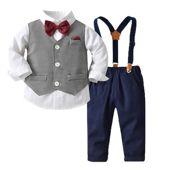XUELUO Baby Boys Casual Outfit Sets Plaid Print Vest Solid Color Lapel Button Down Bowknot Short Sleeve Shirts Tops And Pants Gentleman Daily-Wear,White,6-9 Months