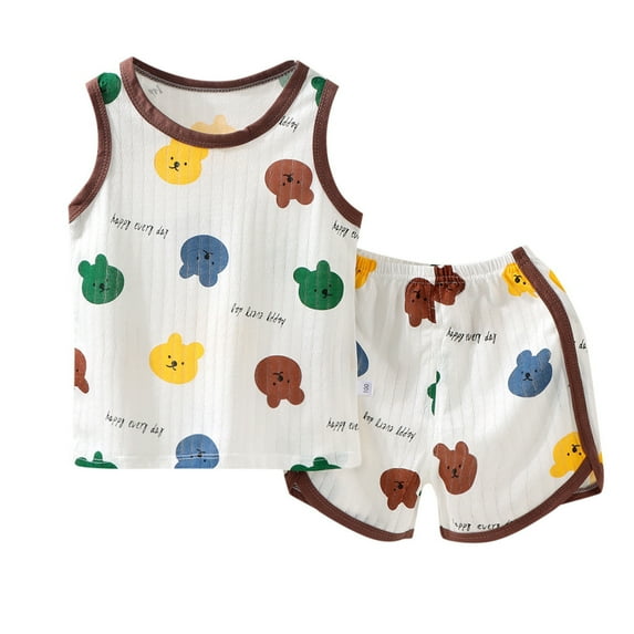 XUELUO Baby Boys Casual Outfit Sets Summer Cartoon Bear Print Crew Neck Sleeveless Vest Tank Tops and Shorts Two Piece Pajamas Sleepwear Cute Streetwear,Brown,18-24 Months