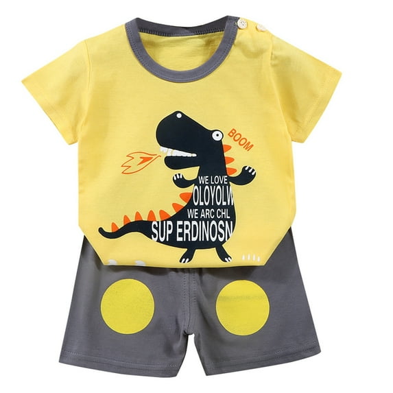 XUELUO Baby Boys Casual Outfit Sets Summer Cartoon Dinosaur Print Crew Neck Short Sleeve T Shirt Tops and Shorts Two Piece Activewear,Yellow,6-12 Months