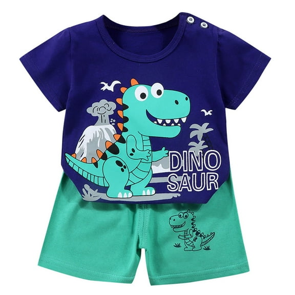 XUELUO Baby Boys Casual Outfit Sets Summer Cartoon Dinosaur Print Crew Neck Short Sleeve T Shirt Tops and Shorts Two Piece Holiday Wear,Blue,3-6 Months