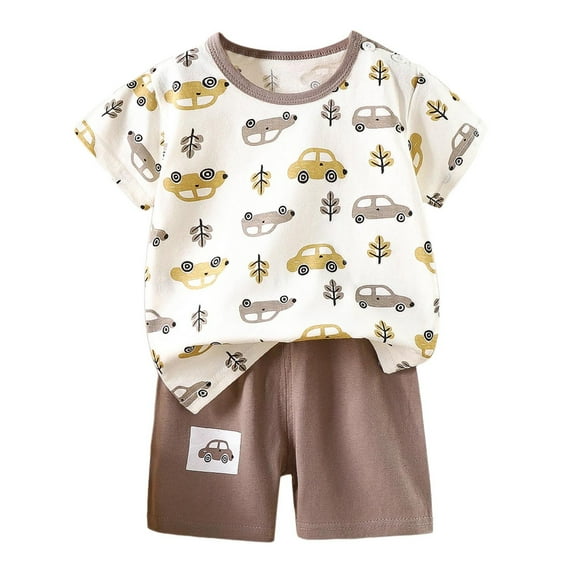 XUELUO Baby Boys Casual Outfit Sets Summer Cartoon Print Crew Neck Short Sleeve Tops And Shorts Two Piece Loose Casual Holiday Wear,Beige,18-24 Months