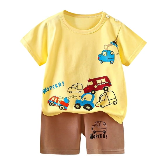 XUELUO Baby Boys Casual Outfit Sets Summer Cartoon Print Crew Neck Short Sleeve Tshirts Tops And Shorts 2 Piece Daily-Wear,Yellow,18-24 Months