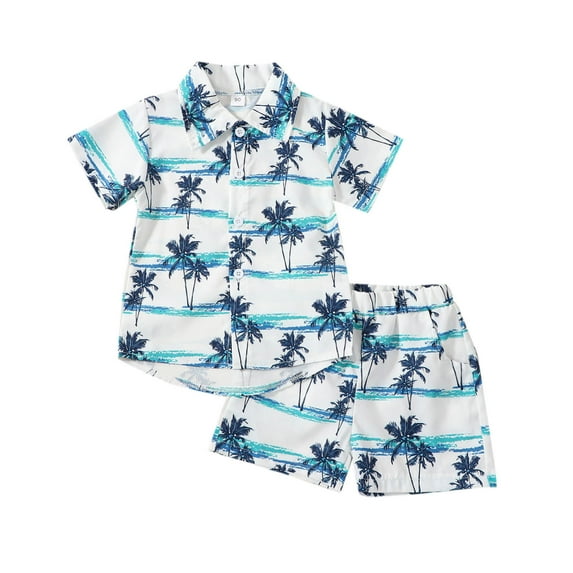 XUELUO Baby Boys Casual Outfit Sets Summer Coconut Tree Print Lapel Botton Down Short Sleeve T Shirt Tops Shorts Gentleman Two Piece Sportwear,White,12-18 Months