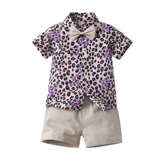 XUELUO Baby Boys Casual Outfit Sets Summer Leopard Print Lapel Bow Tie Botton Down Short Sleeve T Shirt and Shorts Hawaii Beach Gentleman Two Piece Holiday Wear,Purple,12-18 Months