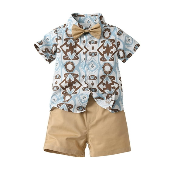 XUELUO Baby Boys Casual Outfit Sets Summer Plaid Print Lapel Bow Tie Botton Down Short Sleeve T Shirt and Shorts Hawaii Beach Gentleman Two Piece Streetwear,Blue,12-18 Months