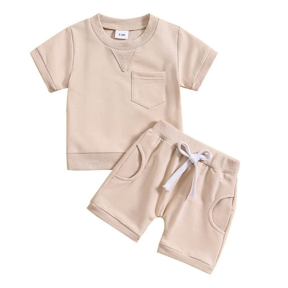 XUELUO Baby Boys Casual Outfit Sets Summer Solid Color Crew Neck Short Sleeve Pockets T Shirt Tops and Shorts Two Piece Activewear,Beige,18-24 Months