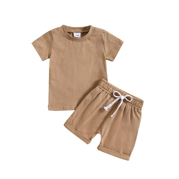 XUELUO Baby Boys Casual Outfit Sets Summer Solid Color Crew Neck Short Sleeve T Shirt Tops and Shorts Two Piece Activewear,Brown,18-24 Months