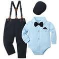 thumbnail image 1 of XUELUO Baby Boys Casual Outfit Sets Summer Solid Color Lapel Bow Tie Long Sleeve Formal Shirt Rompers Elastic Suspenders Pants And Hat 3Pc Sportwear,Blue,0-3 Months, 1 of 3