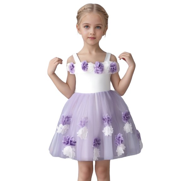 XUELUO Baby Girls Dresses Off-Shoulder Wide Strap Tulle Skirts With Flower Decor Belt Spring Summer Cute Elegant Dress
