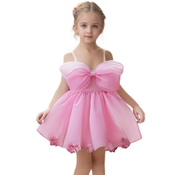 XUELUO Baby Girls Dresses Spaghetti Strap Big Bow Decor Ruffled Hem Gown For Formal Party & Celebration Elegant Clothes