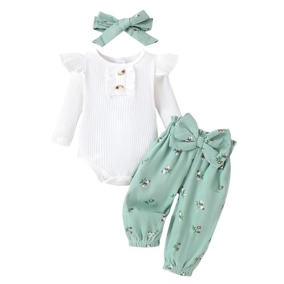XUELUO Baby Girls Outfit Sets Long Sleeve Ruffle Bow Bodysuit + Pants + Headband 3-Piece Early Spring Soft Daily Clothes