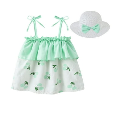 XUELUO Baby Girls Outfit Sets Summer Cherry Print Lace Up Spaghetti Strap Off Shoulder Sundress With Hat Two Piece Activewear,Green,1-2 Years