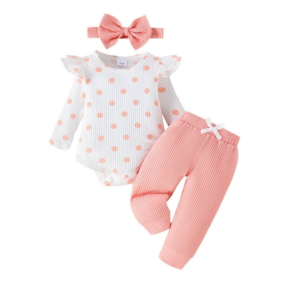 XUELUO Baby Girls Outfit Sets Summer Dots Print Crew Neck Long Sleeve Ribbed Rompers Bodysuitand Solid Color Pants Headbands Three Piece Holiday Wear,Pink,12-18 Months