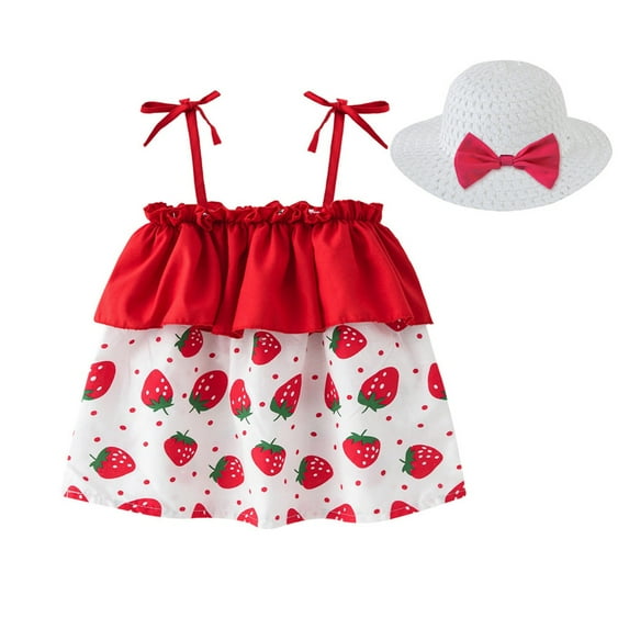 XUELUO Baby Girls Outfit Sets Summer Strawberry Print Lace Up Spaghetti Strap Off Shoulder Sundress With Hat Two Piece Outwear,Red,1-2 Years
