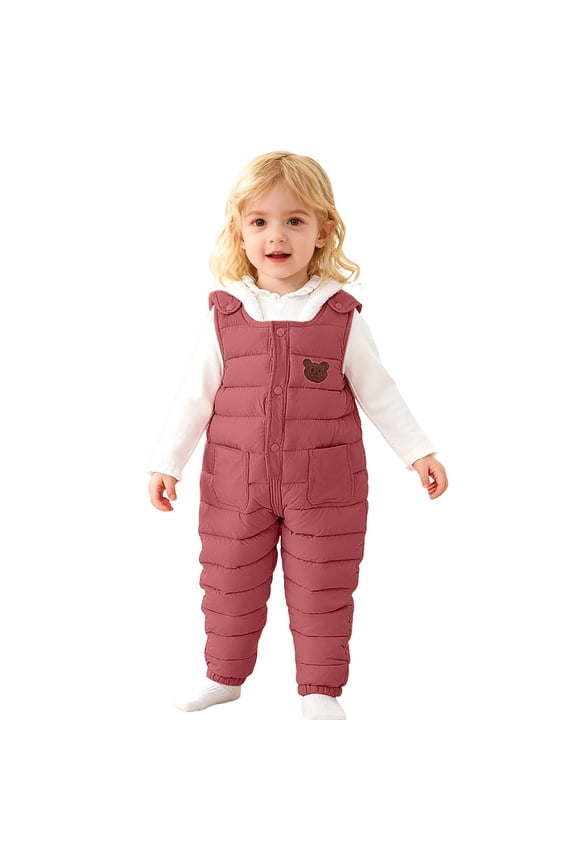 Baby Girls Overalls Bear Embroidery Thick Padded Detachable Suspenders Jumpsuit Winter Outdoor Comfortable Warm Pants