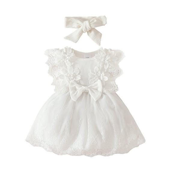 XUELUO Baby Girls White Dresses Lace Floral Decor Big Bow Ruffle Sleeves Gown With Headband For Baptism & Formal Baby Events