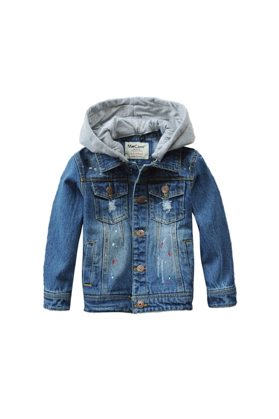 Big Boys Denim Jackets Blue Distressed Button Long Sleeve Hooded Jacket Early Spring Outwear Streetwear Edgy Cool Coat