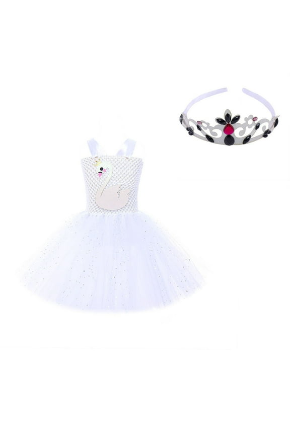 Big Girls Dress Set Sleeveless Swan Pattern Mesh Tutu Dress With Headband Kids Spring Carnival Ballet Party Outfit