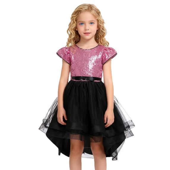 XUELUO Big Girls Dress Short Sleeve Sequin & Black Asymmetrical Hem Bow Belt Tulle Skirts Party Gown For Holiday Birthdays