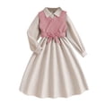 thumbnail image 1 of XUELUO Big Girls Dresses Vest Overlay Collared Tie Waist Long Sleeve Striped Skirts Preppy Dress For School Daily Outings, 1 of 8