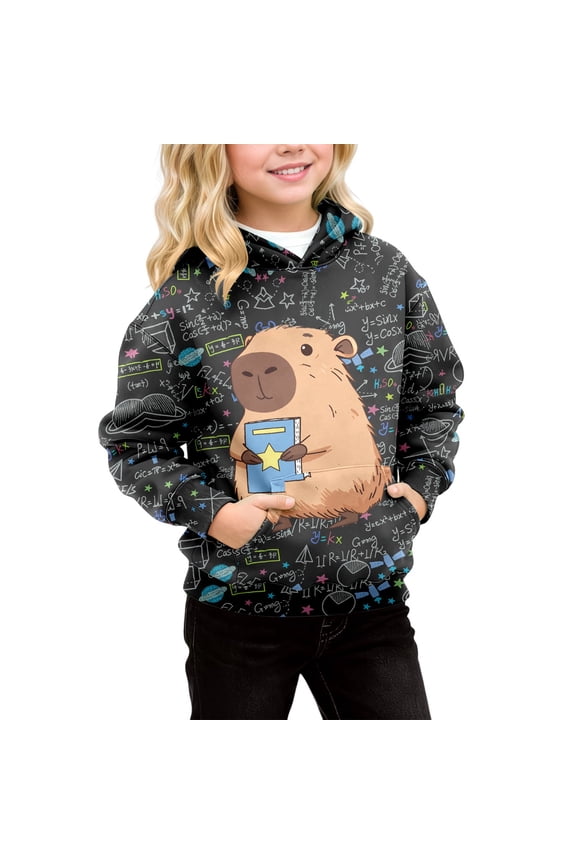 Big Girls Hoodies Capybara Formula Pattern Long Sleeve Hooded Sweatshirts Funny Spring Gathering Cozy Pullover Clothes