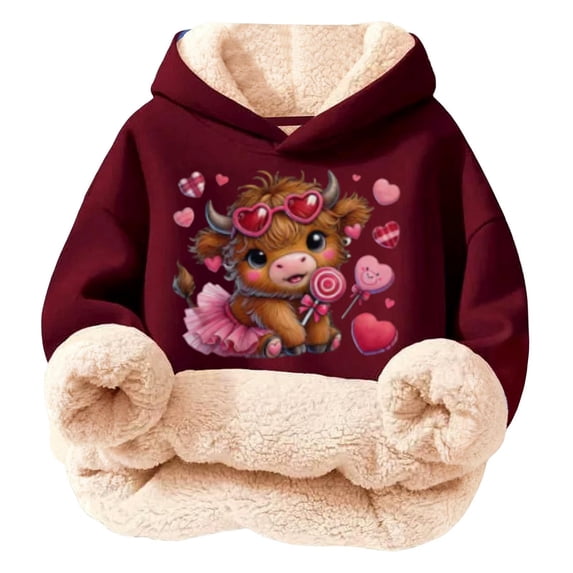 XUELUO Big Girls Hoodies Drawstring Long Sleeve Fleece Lined Cow Heart Print Hood Tops Early Spring Warm Clothes With Pockets