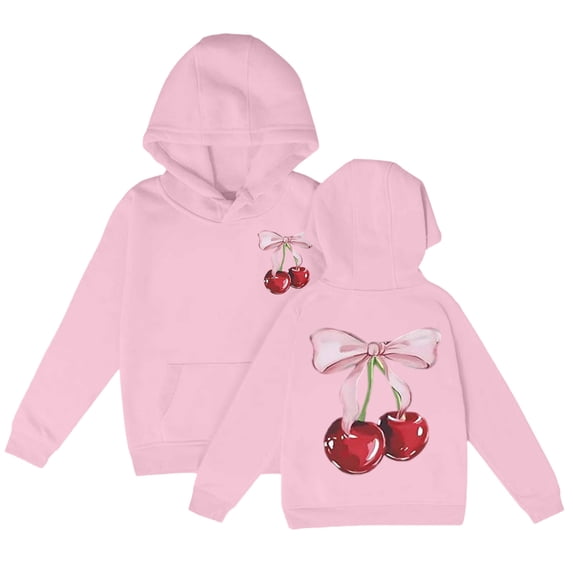 XUELUO Big Girls Hoodies Front-Back Cherry Bow Pattern Long Sleeve Pullover Hoodie Cute Spring Wear Loose Hooded Sweatshirts