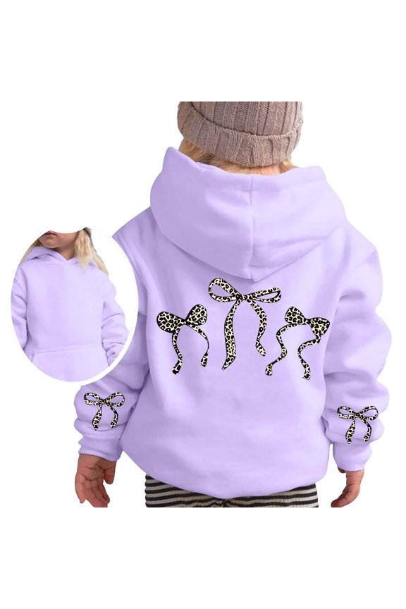 Big Girls Hoodies Hood Leopard Bow Back Print Long Sleeve Sweatshirts Spring Outings Playwear Casual Top With Pockets