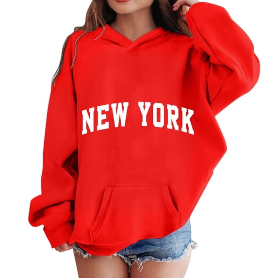 XUELUO Big Girls Hoodies "NEW YORK" Letter Pattern Pocket Long Sleeve Hoodie Trendy Spring Streetwear Oversized Pullover Tops