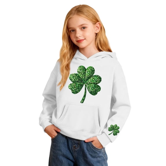 XUELUO Big Girls Hoodies St. Patrick'S Day Clover Graphic Hood Long Sleeve Tops Spring Sports Breathable Tshirts With Pocket