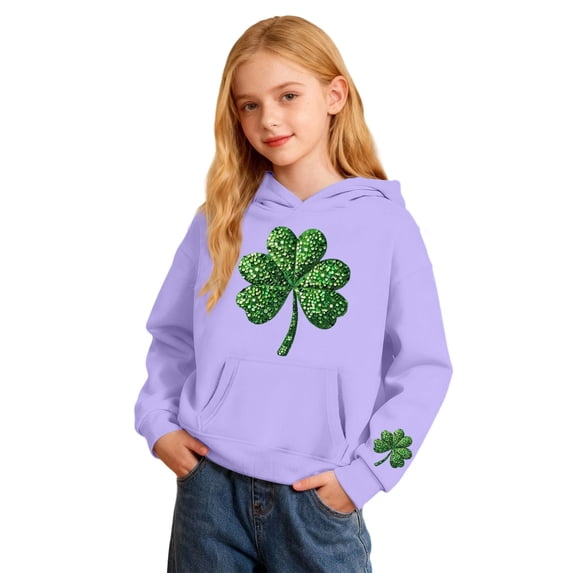 XUELUO Big Girls Hoodies St. Patrick'S Day Clover Graphic Hood Long Sleeve Tops Spring Sports Breathable Tshirts With Pocket