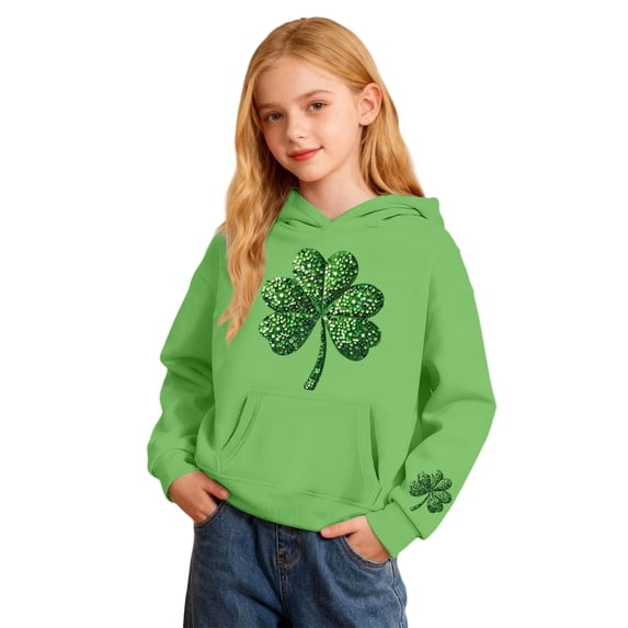 XUELUO Big Girls Hoodies St. Patrick'S Day Clover Graphic Hood Long Sleeve Tops Spring Sports Breathable Tshirts With Pocket
