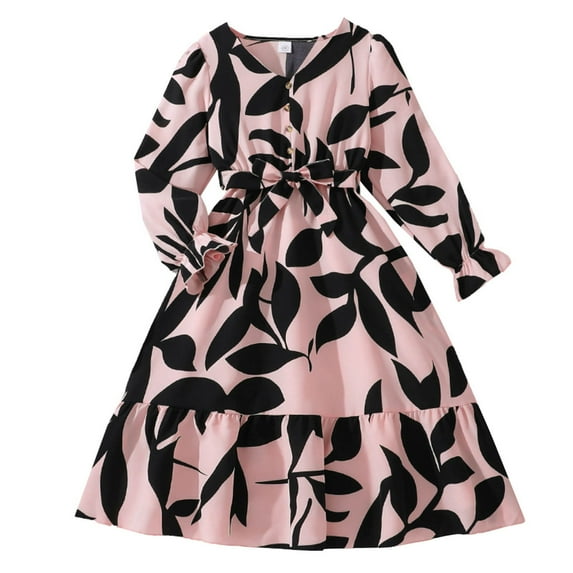 XUELUO Big Girls Long Sleeve Dresses Leaf Print Self-Tie Belt Tiered Hem V-Neck Skirts For Kids Spring Elegant Cozy Dress