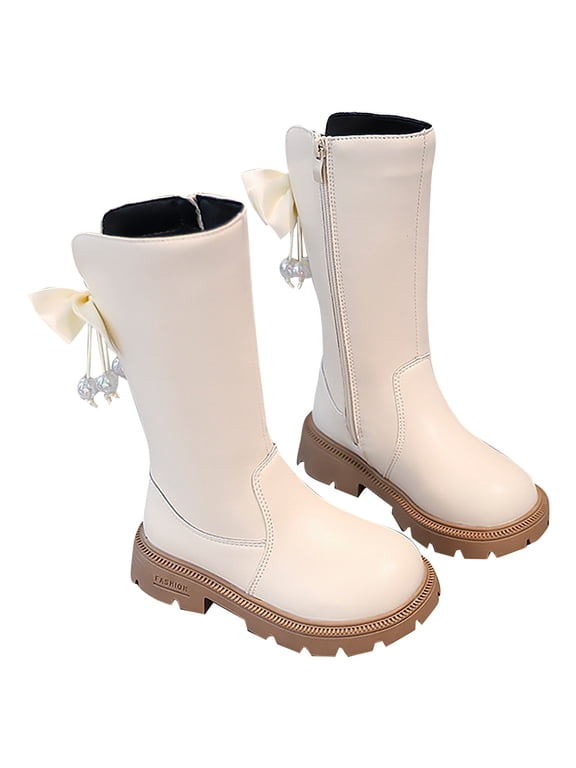 Big Girls Mid-Calf Boots PU Leather 3D Bow Design Round Toe High-Top Booties For Spring Streetwear Girl Stylish Boots