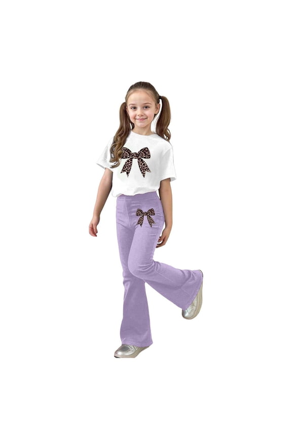 Big Girls Outfit Sets 2-Piece Short Sleeve Leopard Bow Pattern Tops + Flared Pants Summer Spring Fashion Cute Clothes