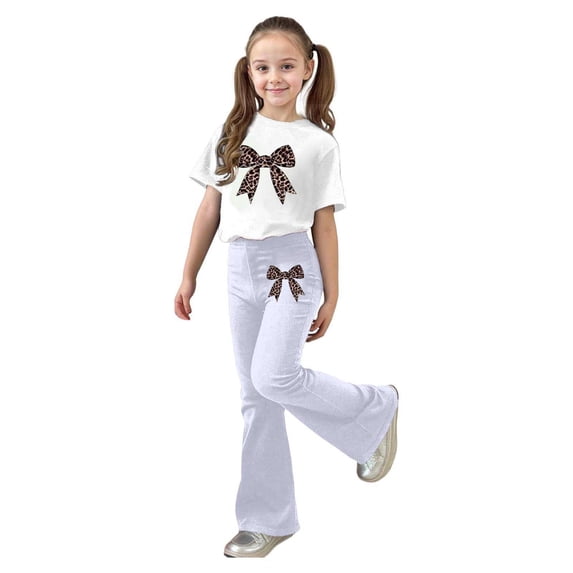 XUELUO Big Girls Outfit Sets 2-Piece Short Sleeve Leopard Bow Pattern Tops + Flared Pants Summer Spring Fashion Cute Clothes