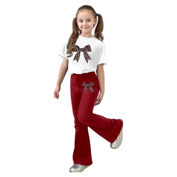 XUELUO Big Girls Outfit Sets 2-Piece Short Sleeve Leopard Bow Pattern Tops + Flared Pants Summer Spring Fashion Cute Clothes