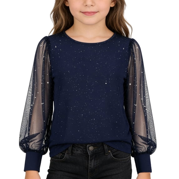 XUELUO Big Girls T-Shirts Flowy Long Sleeve Crew Neck Sheer Sequin Mesh Tshirts Shiny Spring Fashion Party Girl Tunic Tee Tops
