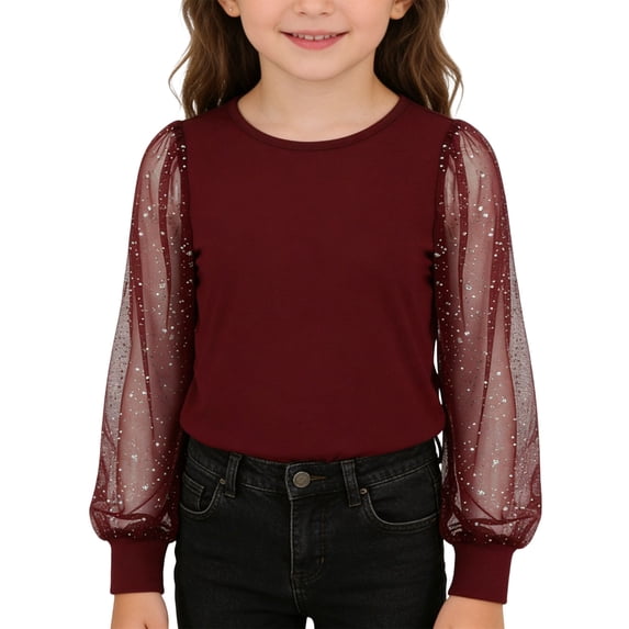 XUELUO Big Girls T-Shirts Flowy Long Sleeve Crew Neck Sheer Sequin Mesh Tshirts Shiny Spring Fashion Party Girl Tunic Tee Tops