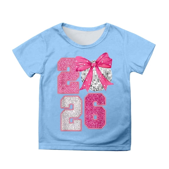 XUELUO Big Girls T-Shirts Sequin Number 2026 Crew Neck Short Sleeve Tshirts Glittery Disco Playful Party Summer Kid Cute Tops